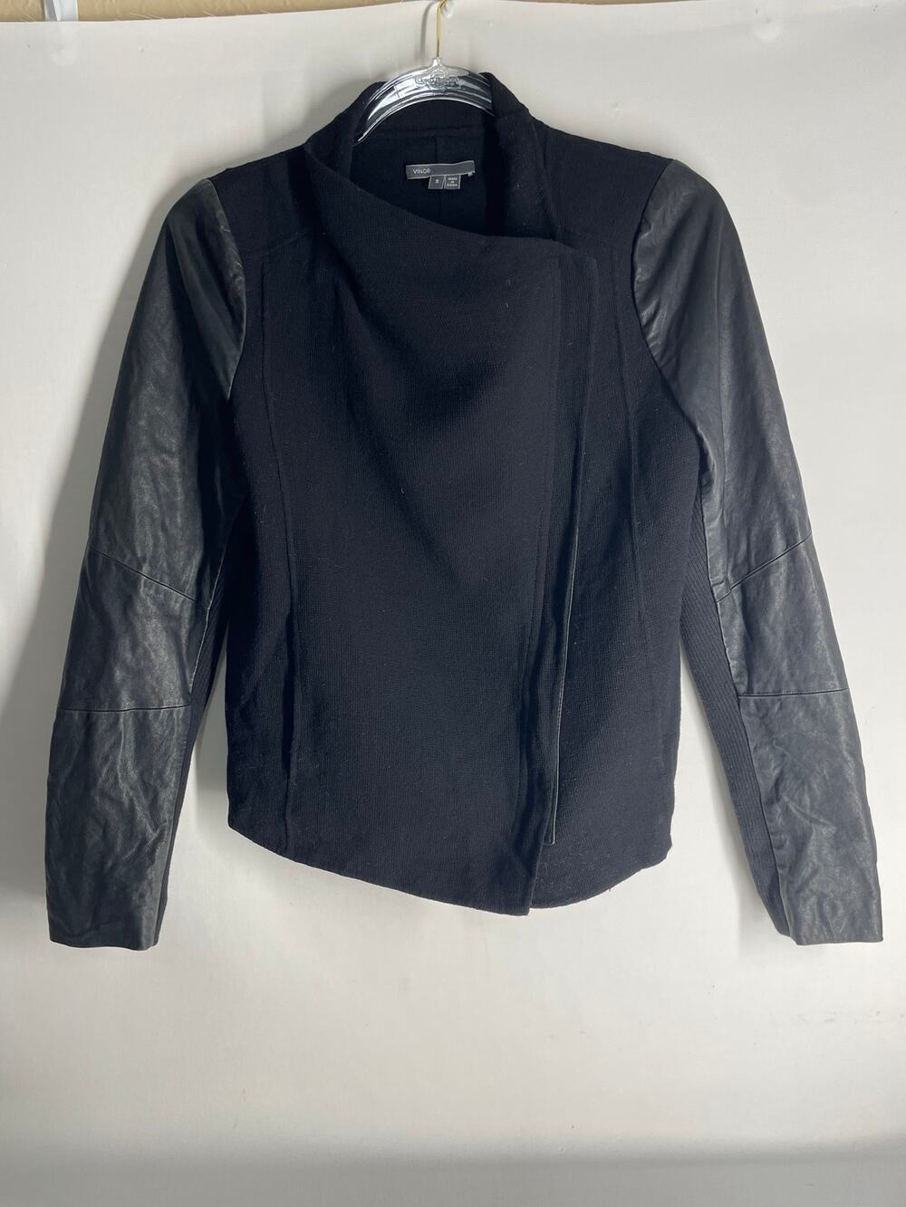 Vince Modo Jacket Wool Leather Black Asymmetrical Zip Jacket Small w pockets